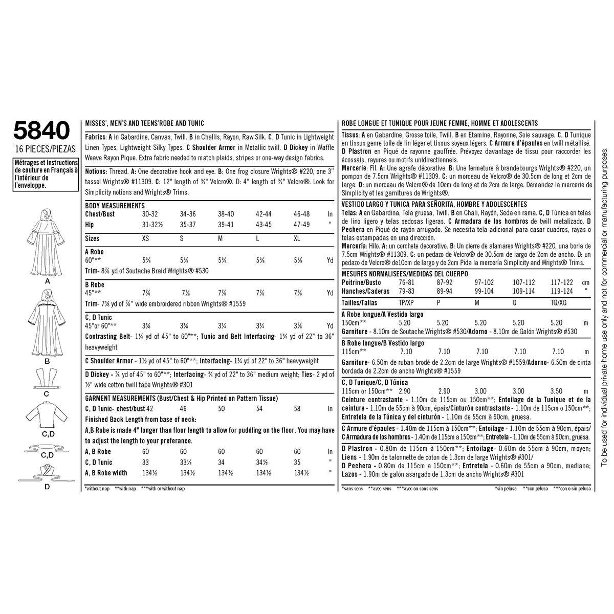 Simplicity S5840 sewing pattern envelope showing unisex costumes
