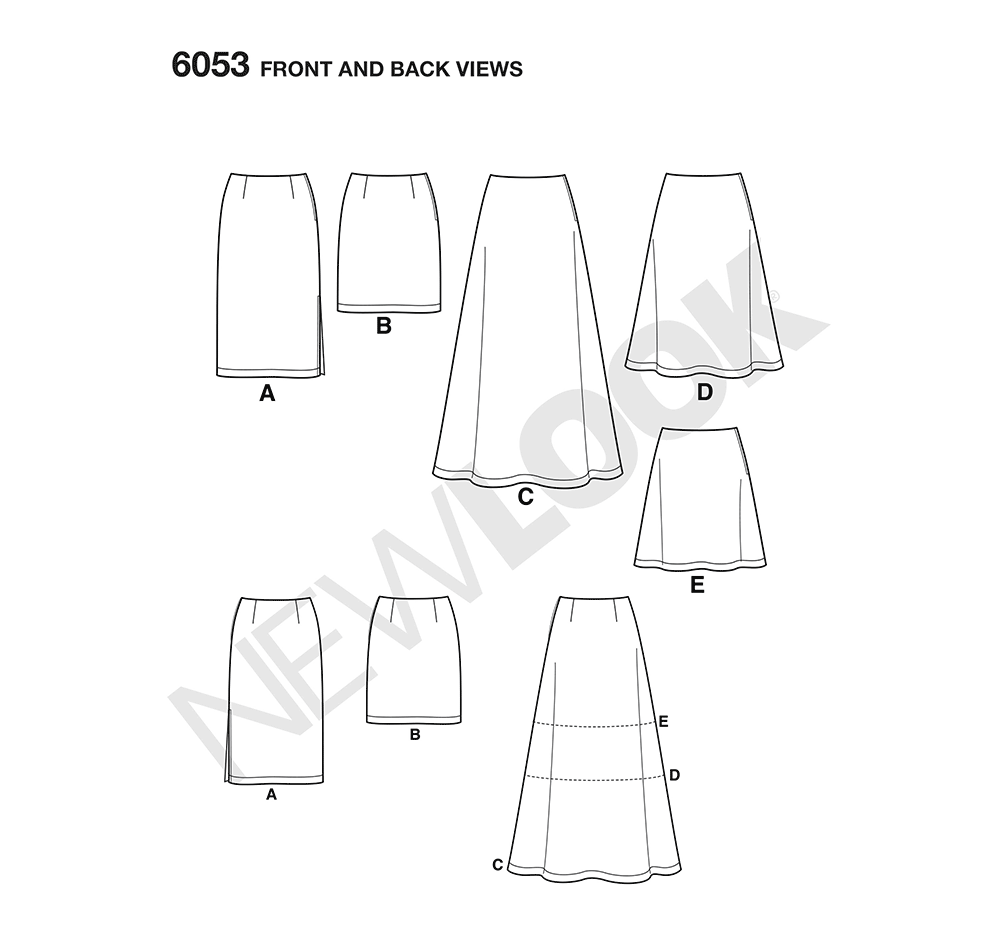 New Look N6053 sewing pattern envelope showing misses' skirts