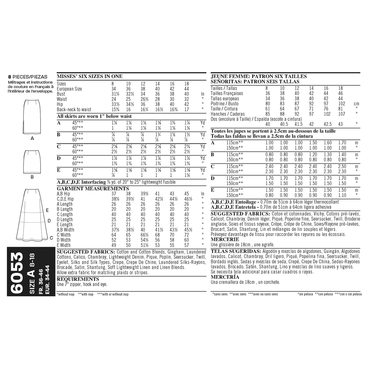 New Look N6053 sewing pattern envelope showing misses' skirts