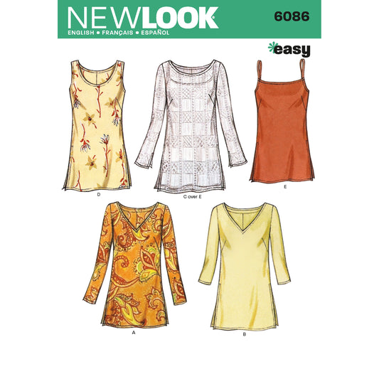 New Look N6086 sewing pattern envelope showing misses' tunic tops