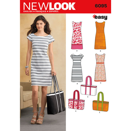 New Look N6095 sewing pattern envelope showing misses' shift dress and tote bag