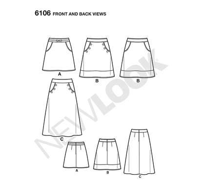 New Look N6106 sewing pattern envelope showing misses' a-line skirt