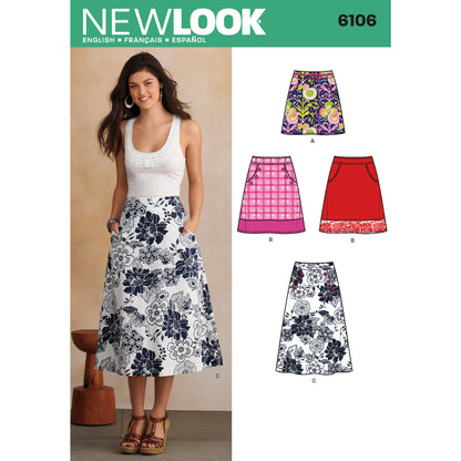 New Look N6106 sewing pattern envelope showing misses' a-line skirt