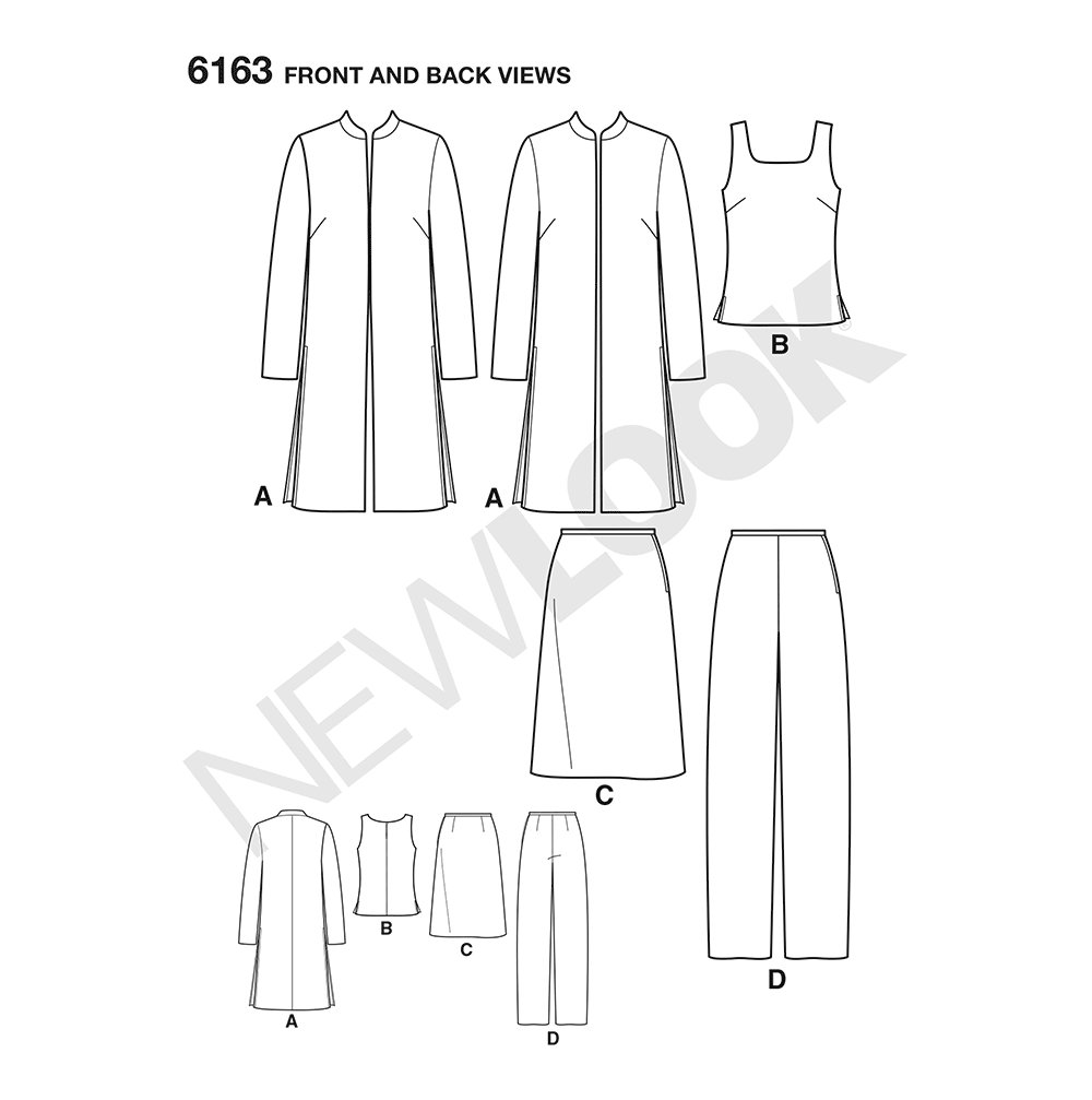 New Look N6163 sewing pattern envelope showing misses' jacket, top, trousers and skirt