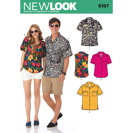 New Look N6197 sewing pattern envelope showing unisex button-front shirts