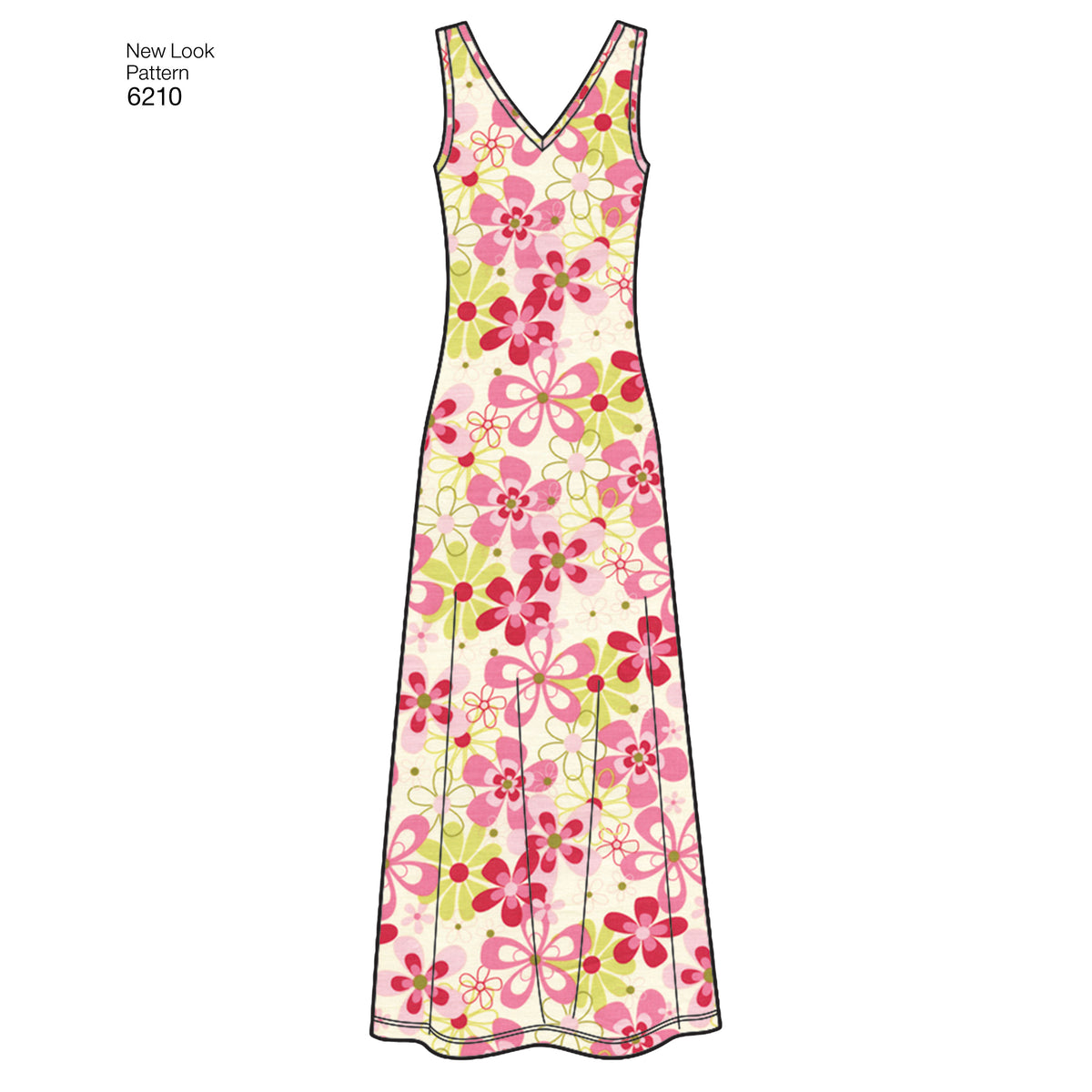 New Look N6210 sewing pattern envelope showing a knit tank dress in knee or long length with a slit