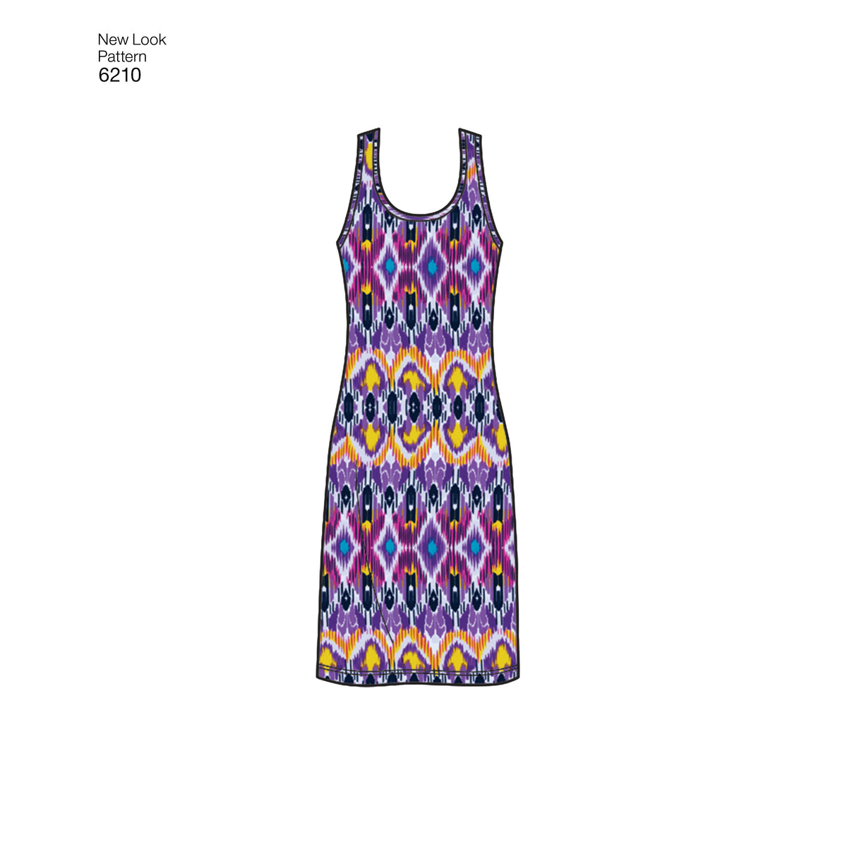 New Look N6210 sewing pattern envelope showing a knit tank dress in knee or long length with a slit