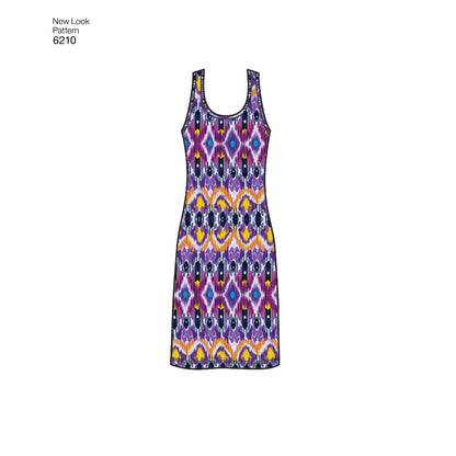 New Look N6210 sewing pattern envelope showing a knit tank dress in knee or long length with a slit