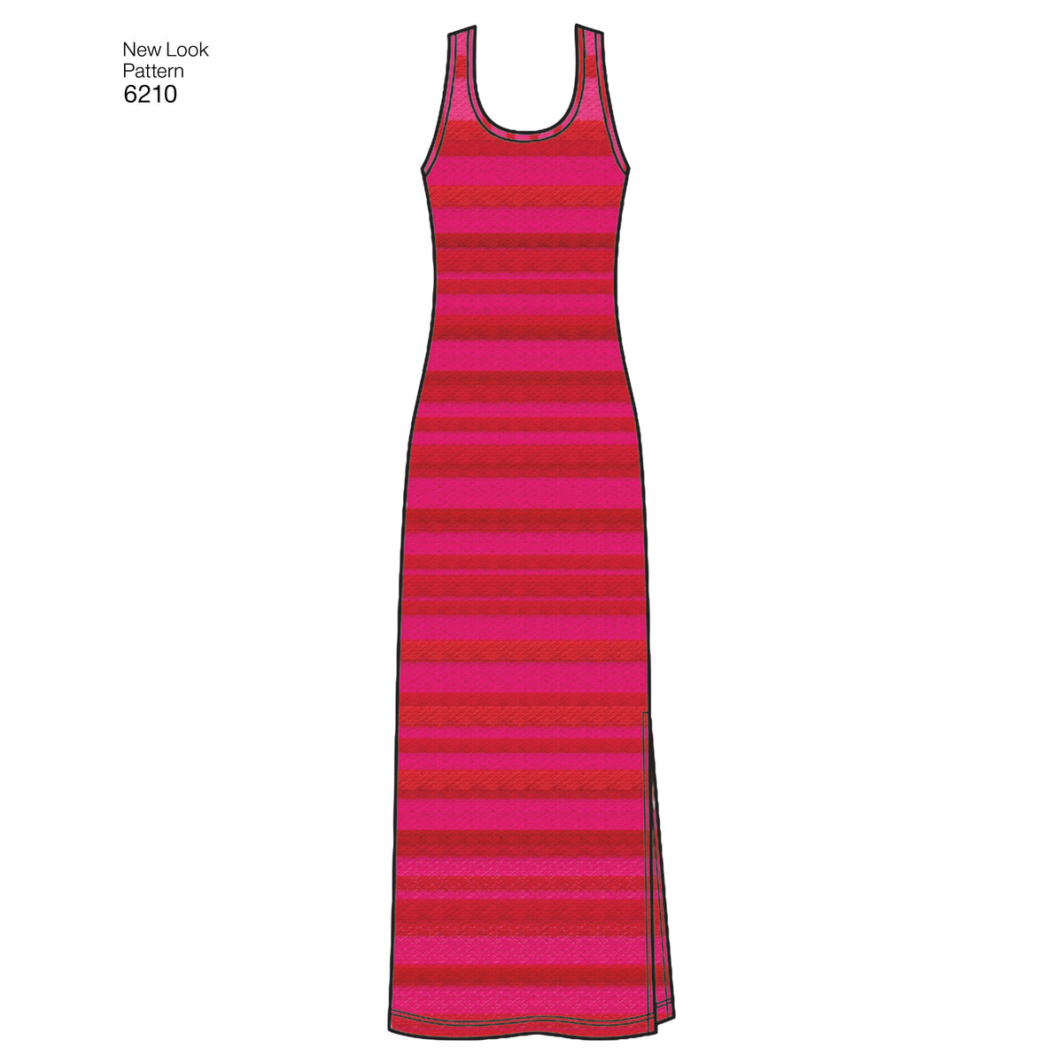 New Look N6210 sewing pattern envelope showing a knit tank dress in knee or long length with a slit