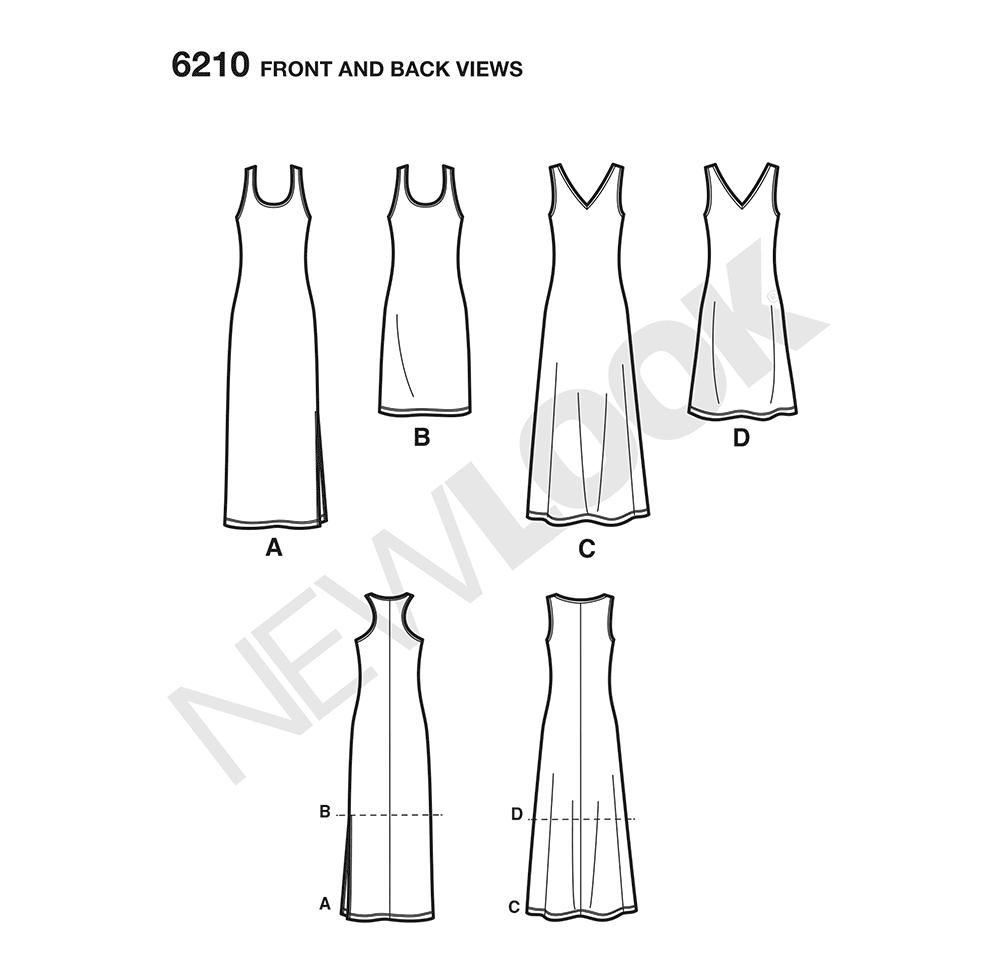 New Look N6210 sewing pattern envelope showing a knit tank dress in knee or long length with a slit