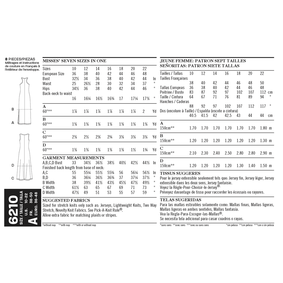 New Look N6210 sewing pattern envelope showing a knit tank dress in knee or long length with a slit