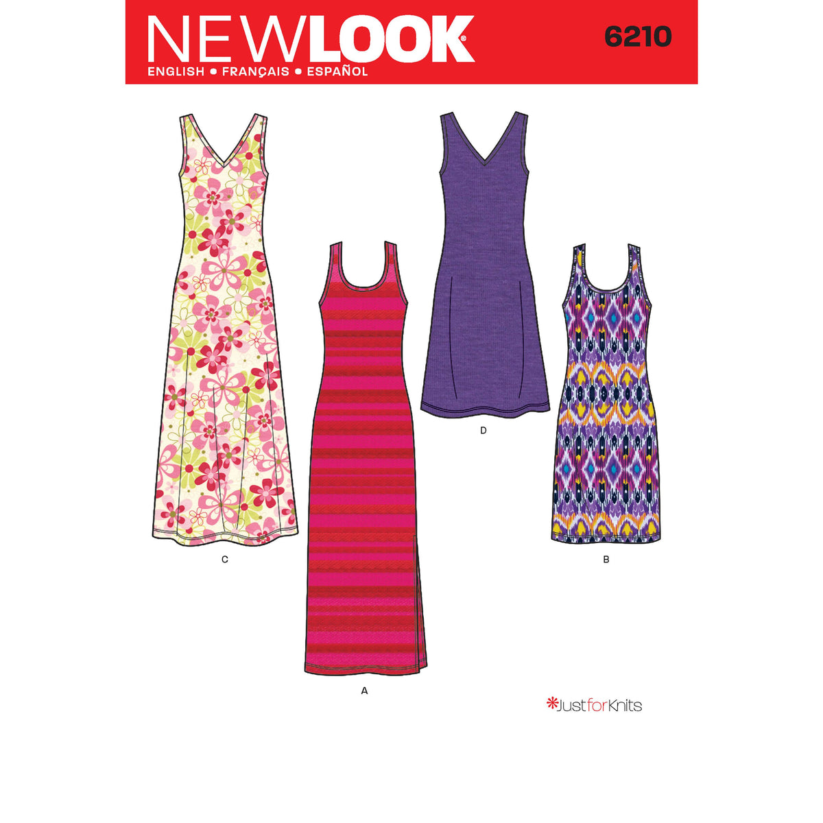 New Look N6210 sewing pattern envelope showing a knit tank dress in knee or long length with a slit