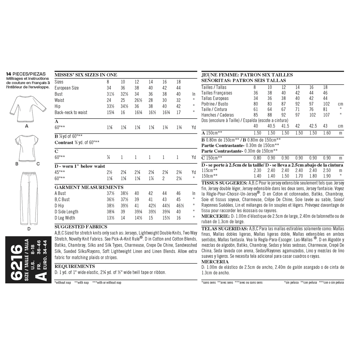 New Look N6216 sewing pattern envelope showing an easy knit top with a scoop neck and short all-in-one sleeves
