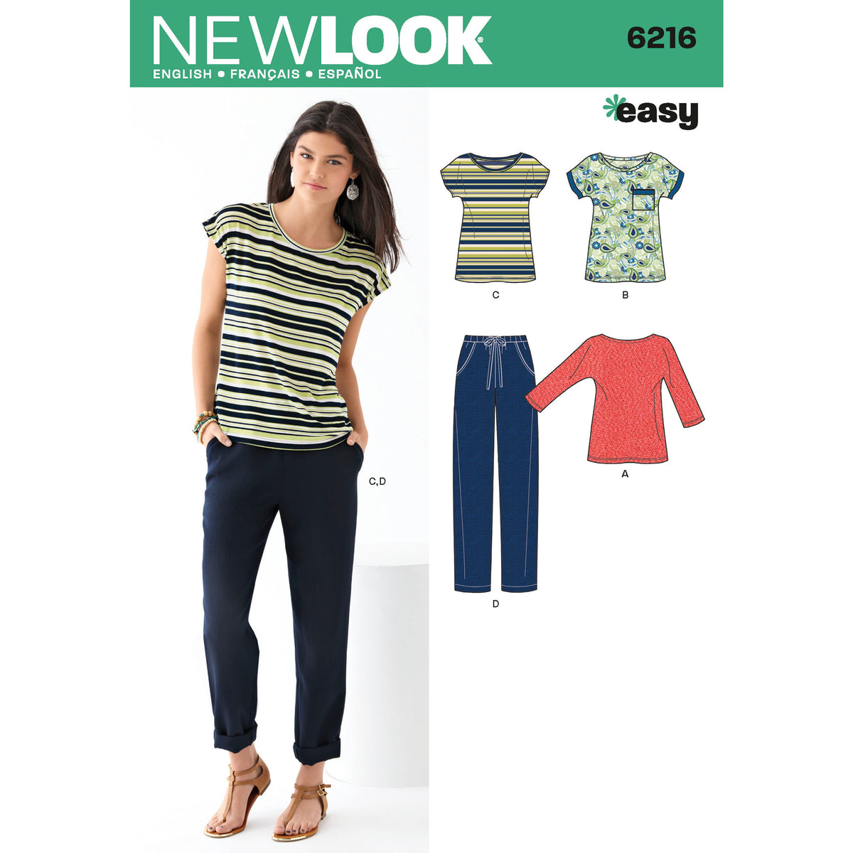 New Look N6216 sewing pattern envelope showing an easy knit top with a scoop neck and short all-in-one sleeves