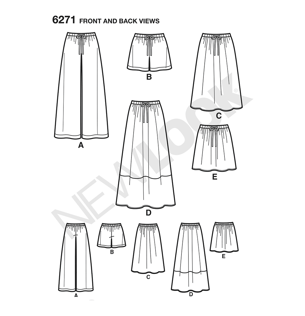 New Look N6271 sewing pattern envelope showing skirts and wide leg trousers or shorts