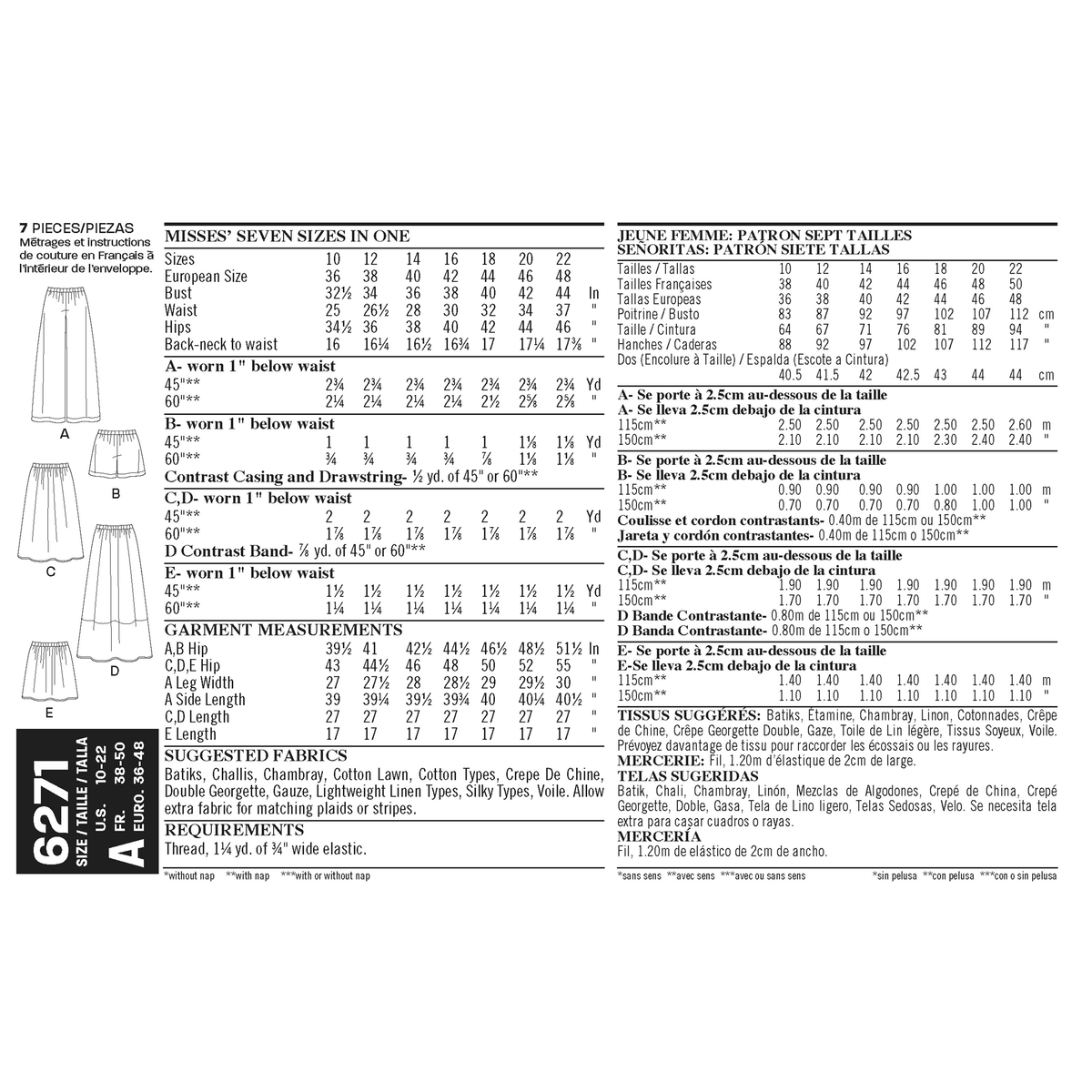 New Look N6271 sewing pattern envelope showing skirts and wide leg trousers or shorts
