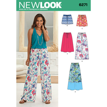 New Look N6271 sewing pattern envelope showing skirts and wide leg trousers or shorts