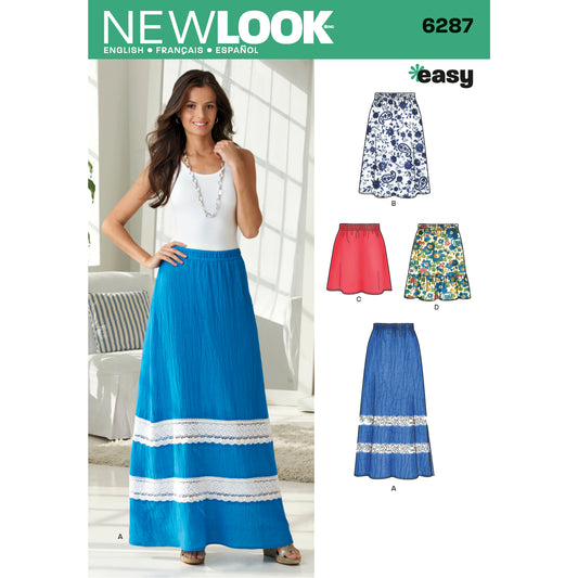 New Look N6287 sewing pattern envelope showing an easy pull-on skirt with an elastic waistband