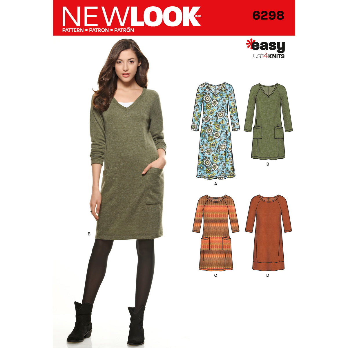 New Look N6298 sewing pattern envelope showing an easy dress from the Just 4 Knits range