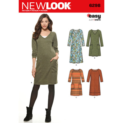 New Look N6298 sewing pattern envelope showing an easy dress from the Just 4 Knits range