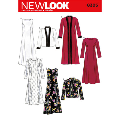 New Look N6305 sewing pattern envelope showing a dress with a long or short jacket