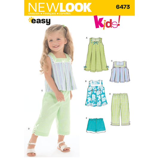 New Look N6473 sewing pattern envelope showing a dress or top in two lengths, plus capri trousers or shorts