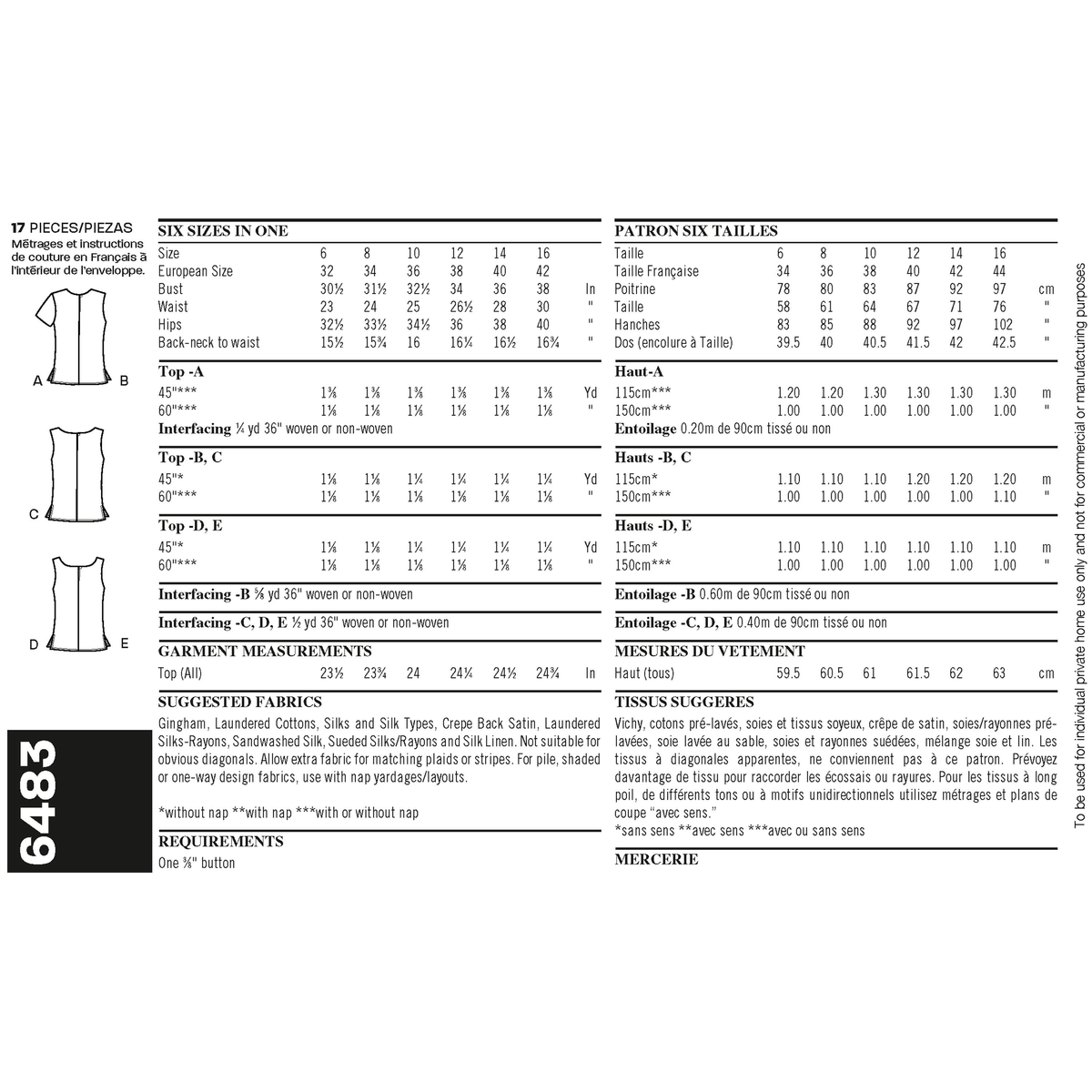 New Look N6483 sewing pattern envelope showing tops