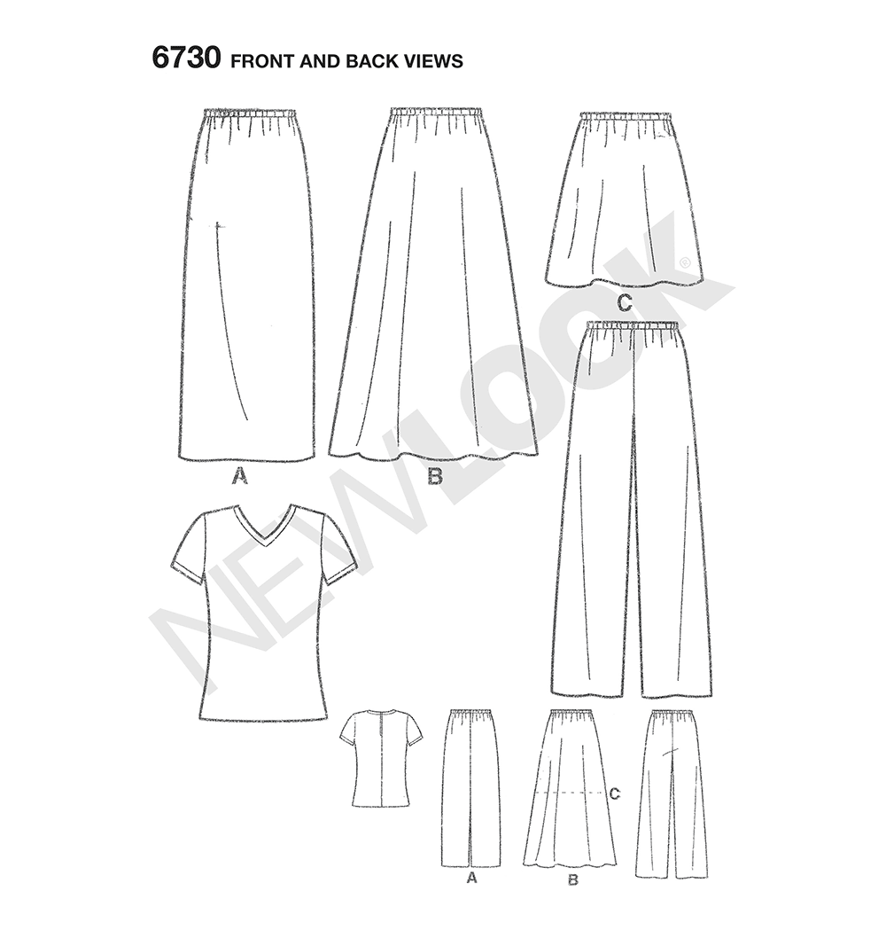 New Look N6730 sewing pattern envelope showing knit tops, skirts and trousers