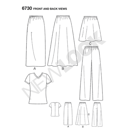 New Look N6730 sewing pattern envelope showing knit tops, skirts and trousers