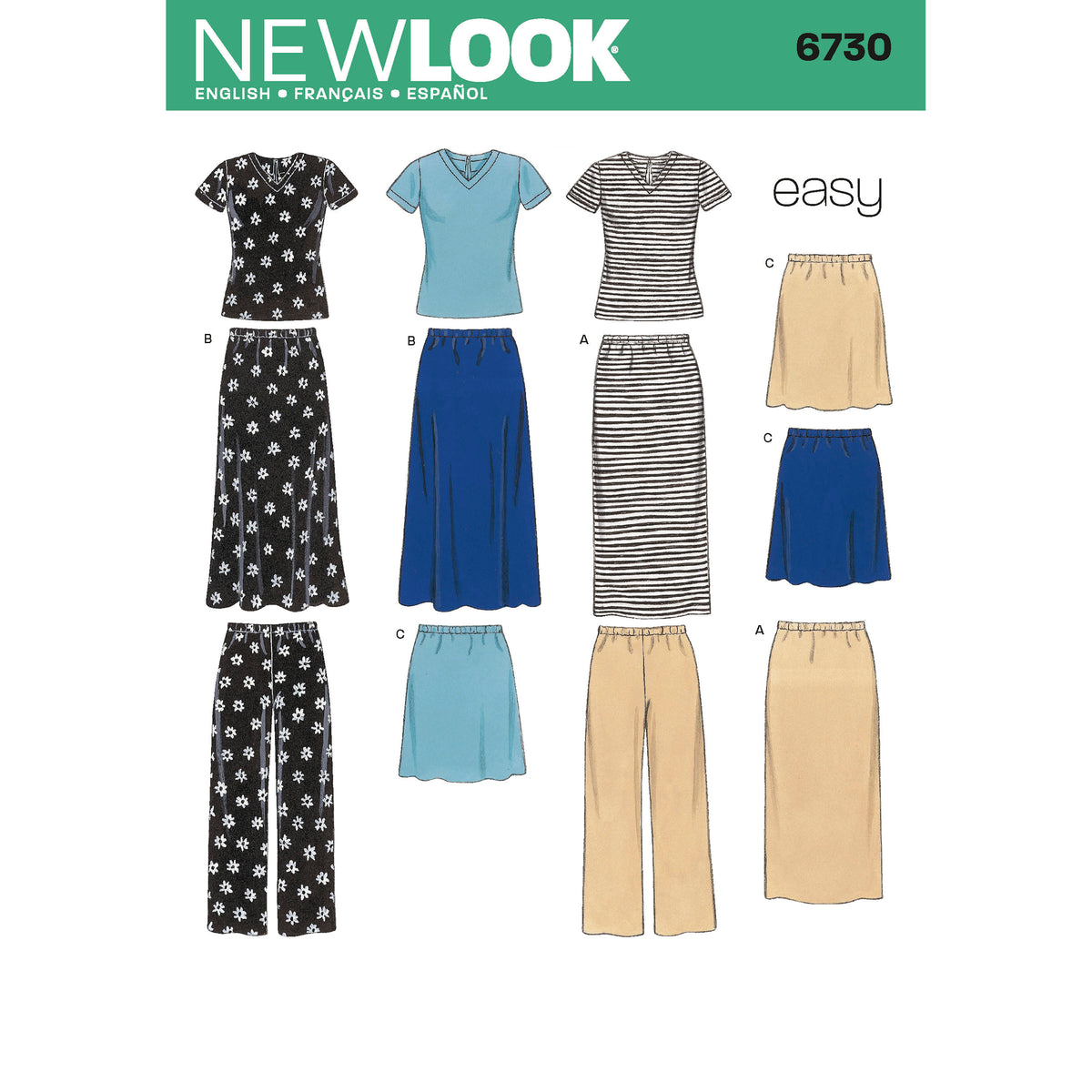 New Look N6730 sewing pattern envelope showing knit tops, skirts and trousers