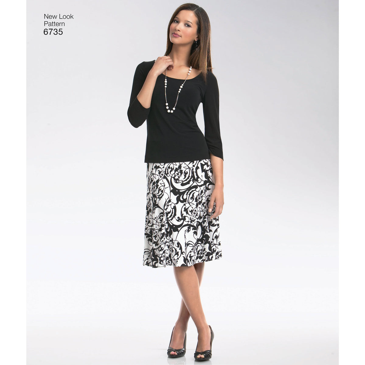 New Look N6735 sewing pattern envelope showing a knit cardigan, tops, trousers and a skirt