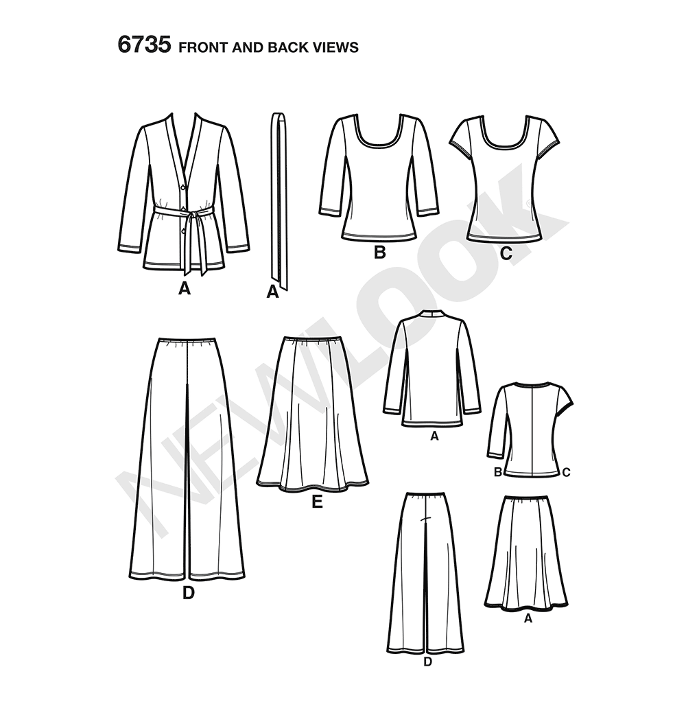 New Look N6735 sewing pattern envelope showing a knit cardigan, tops, trousers and a skirt