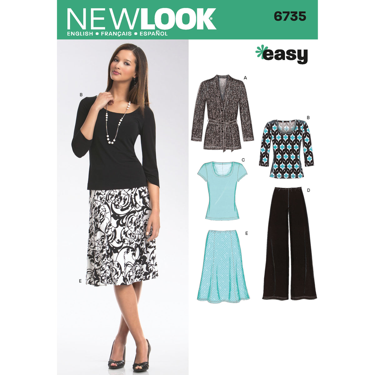 New Look N6735 sewing pattern envelope showing a knit cardigan, tops, trousers and a skirt