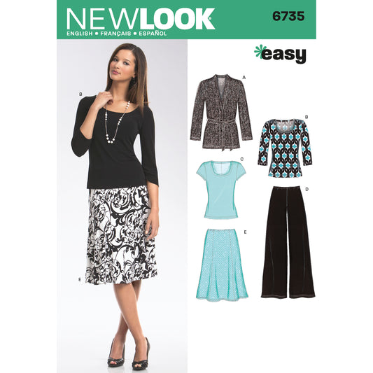 New Look N6735 sewing pattern envelope showing a knit cardigan, tops, trousers and a skirt