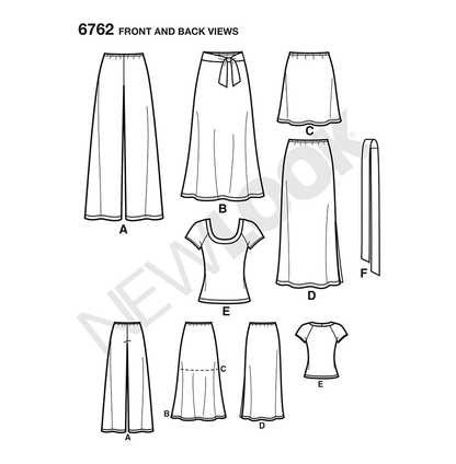 New Look N6762 sewing pattern envelope showing knit trousers, a skirt and a top