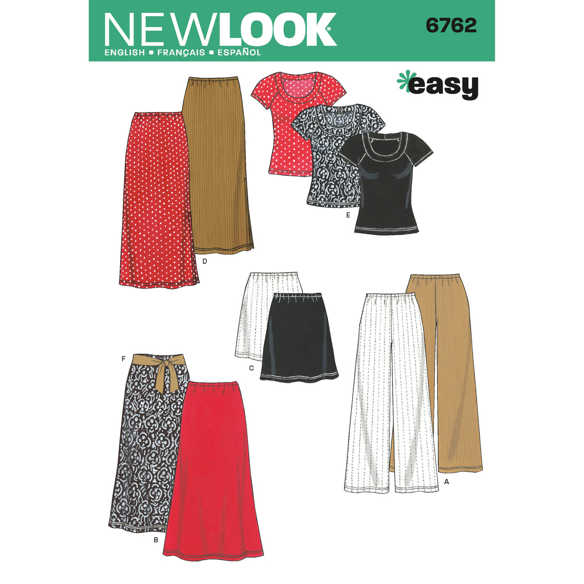 New Look N6762 sewing pattern envelope showing knit trousers, a skirt and a top