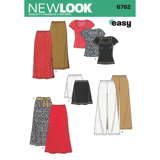 New Look N6762 sewing pattern envelope showing knit trousers, a skirt and a top