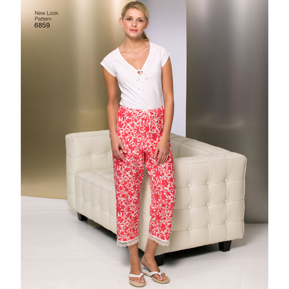 New Look N6859 sewing pattern envelope showing pyjama trousers and shorts for misses, men and teens
