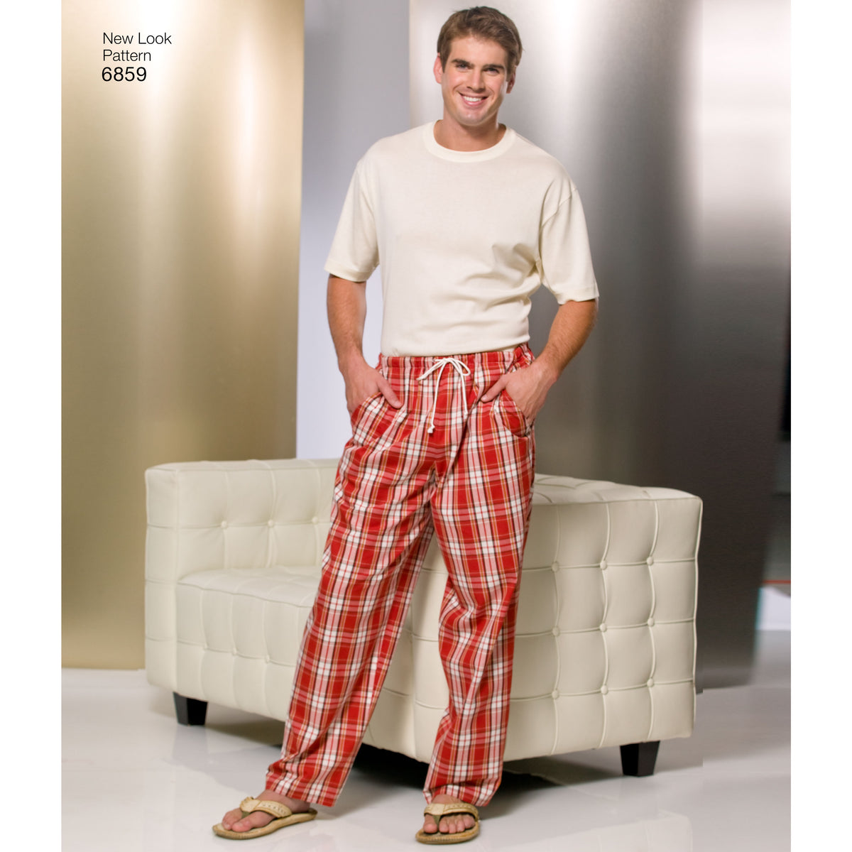 New Look N6859 sewing pattern envelope showing pyjama trousers and shorts for misses, men and teens