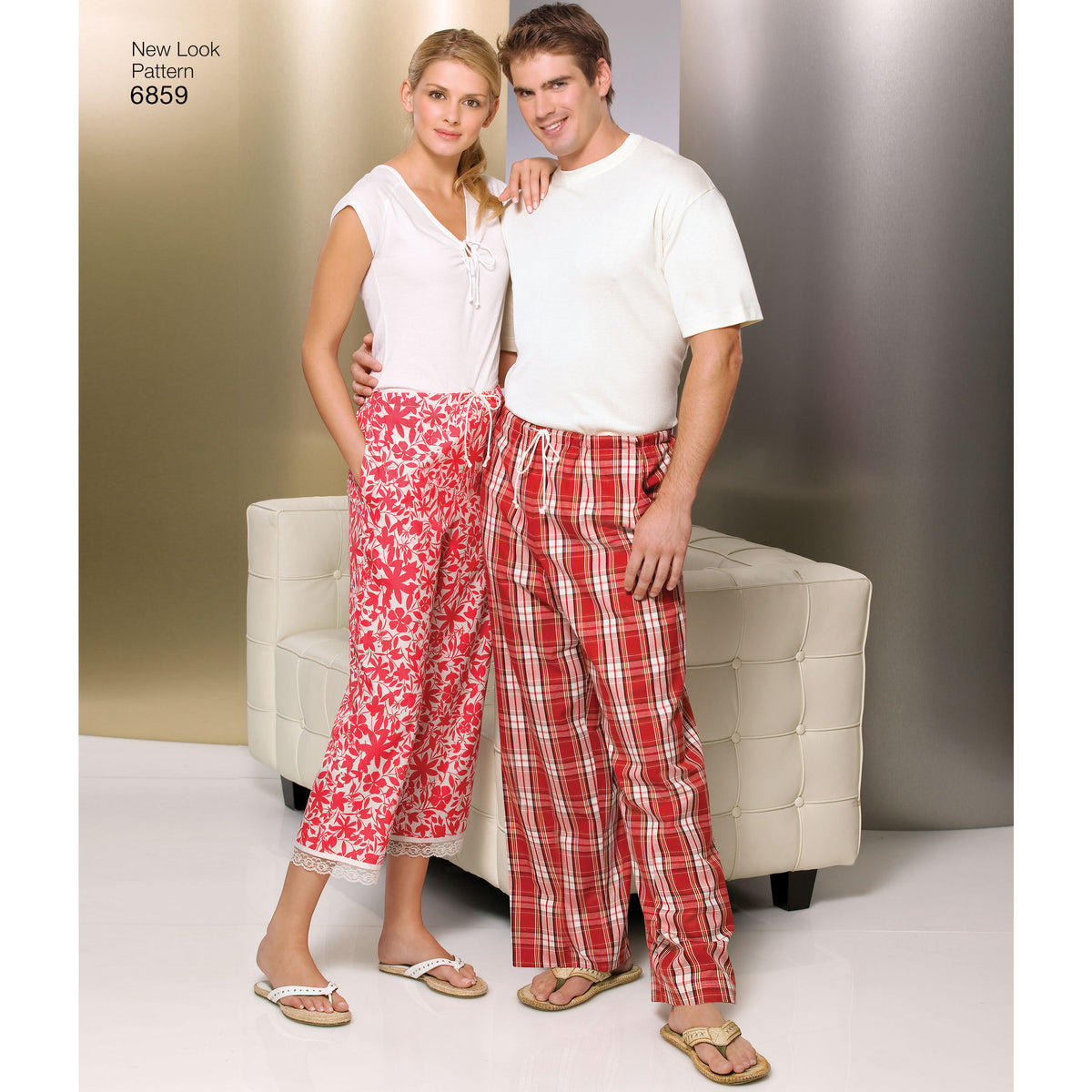 New Look N6859 sewing pattern envelope showing pyjama trousers and shorts for misses, men and teens