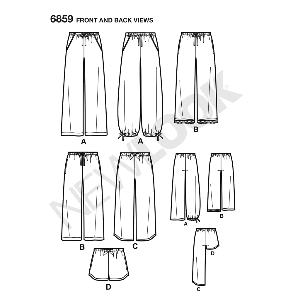 New Look N6859 sewing pattern envelope showing pyjama trousers and shorts for misses, men and teens