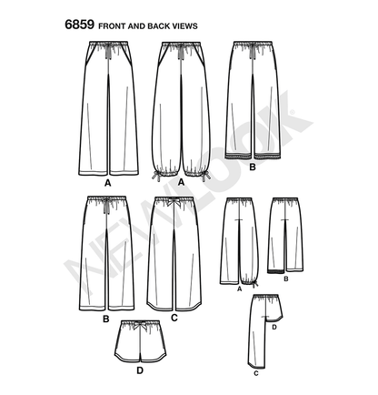New Look N6859 sewing pattern envelope showing pyjama trousers and shorts for misses, men and teens