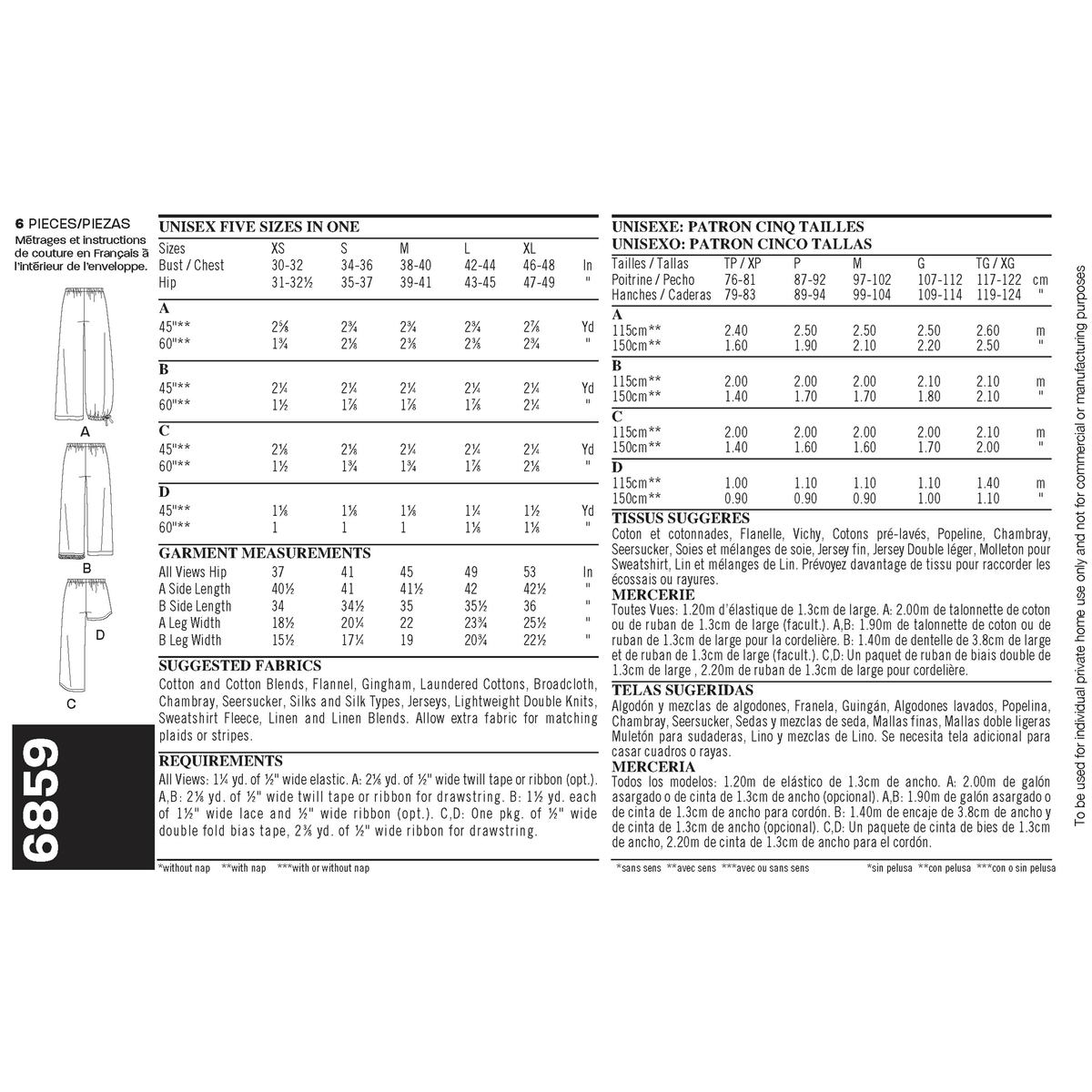 New Look N6859 sewing pattern envelope showing pyjama trousers and shorts for misses, men and teens