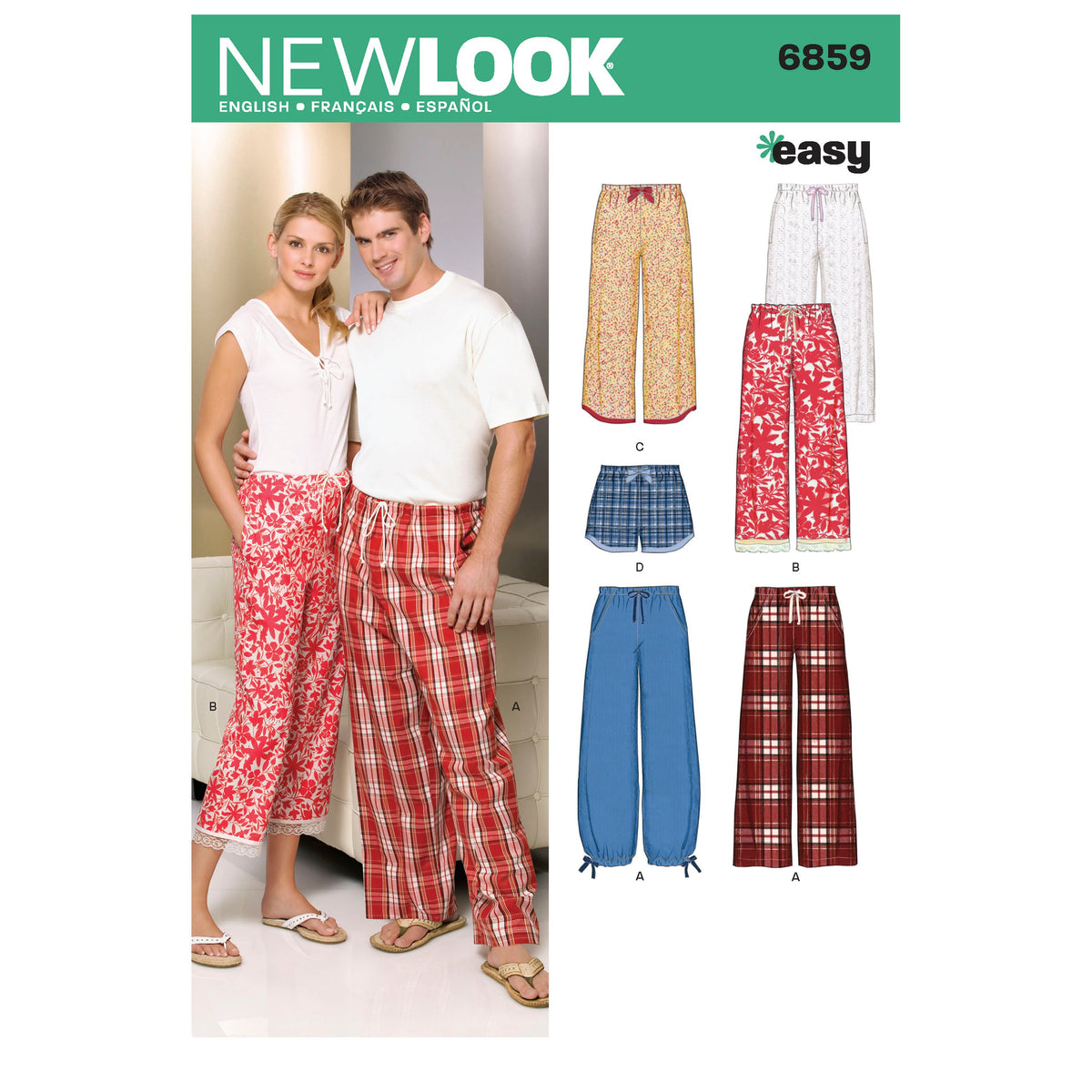 New Look N6859 sewing pattern envelope showing pyjama trousers and shorts for misses, men and teens