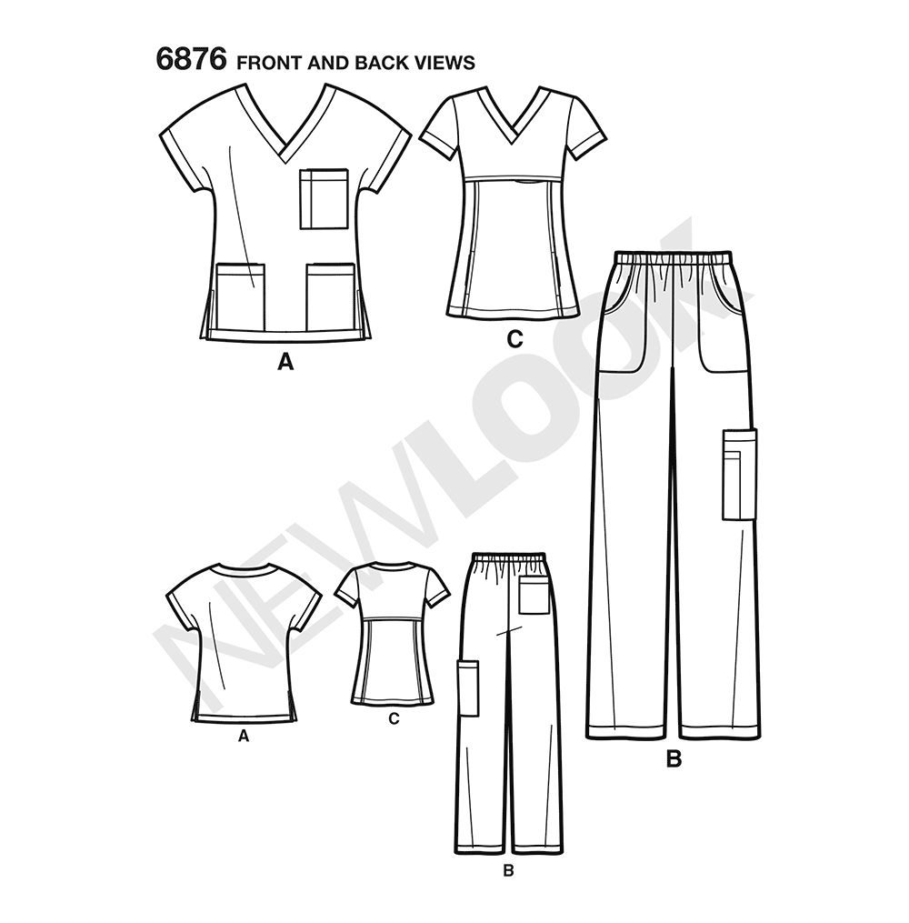 New Look N6876 sewing pattern envelope showing a scrub top and trousers, plus a misses' scrub top