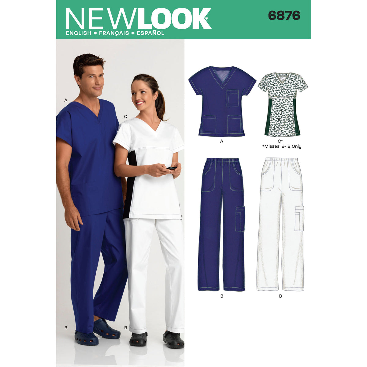 New Look N6876 sewing pattern envelope showing a scrub top and trousers, plus a misses' scrub top
