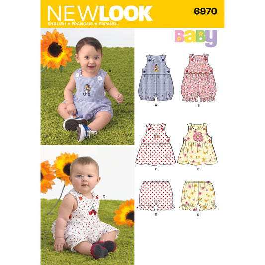New Look N6970 sewing pattern envelope showing baby romper, dress and panties designs