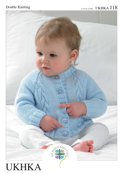 Cover of a UK Hand Knitting Association knitting pattern showing baby cardigans, bootees and a hat