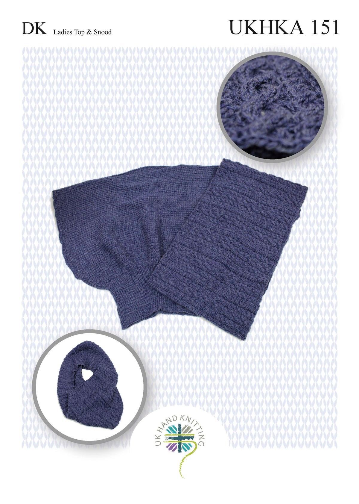 Knitting pattern cover showing a ladies' knitted top and snood