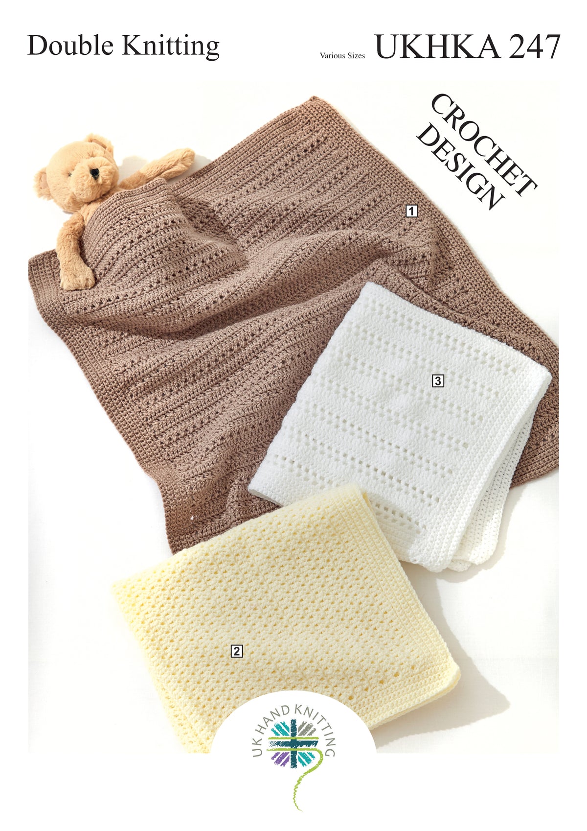Cover of a UK Hand Knitting Association crochet pattern showing a blanket
